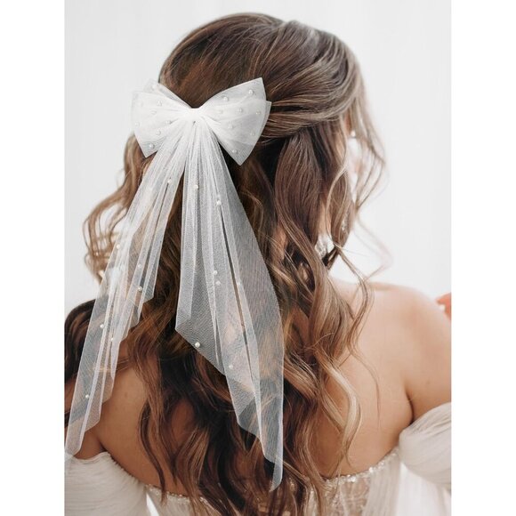 🆕 Women White Bridal Hair Bow Veil Bow Clip Bachelorette Accessories - Picture 4 of 9